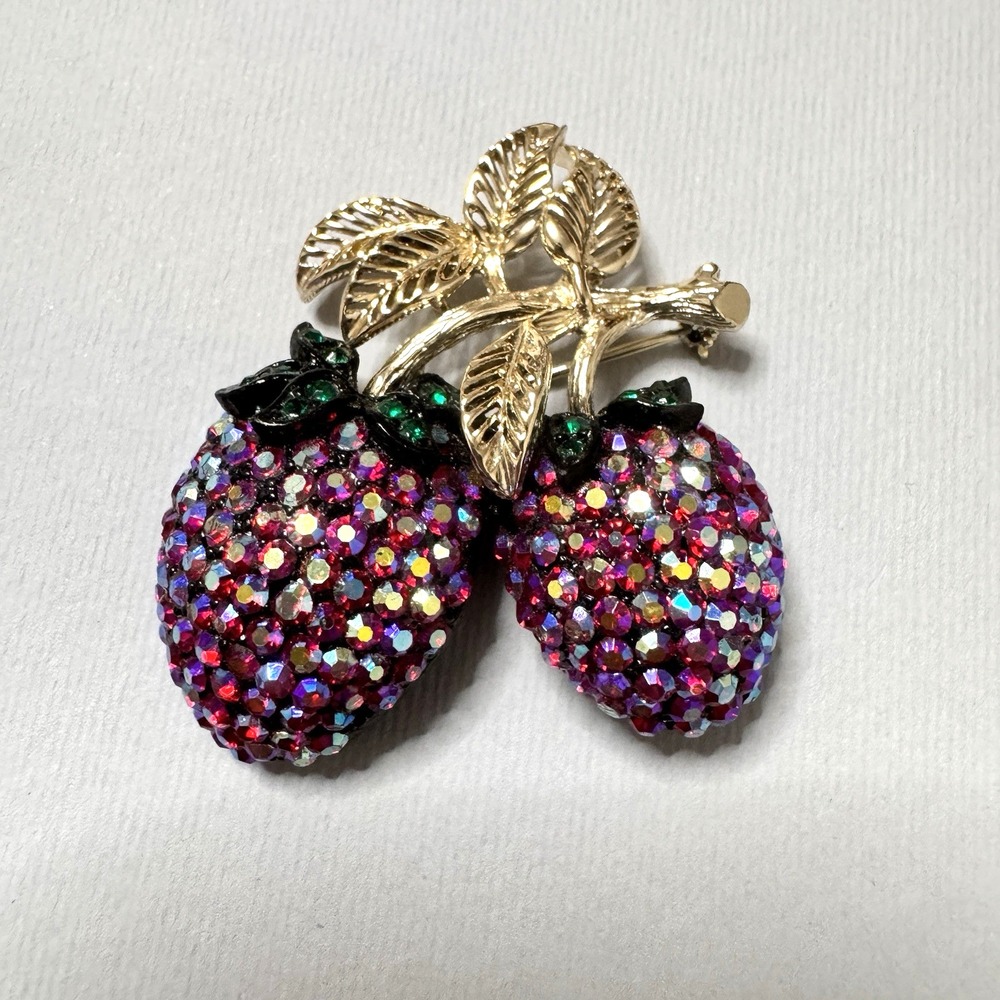 Vintage Weiss Forbidden Fruit Brooch Strawberries AB Rhinestone‎ Japanned Pin